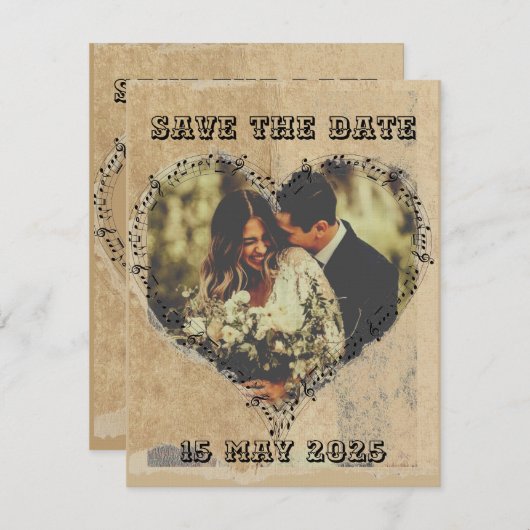 Save The Date Cadre de cœur avec notes de musique et écriture ru (Devant / Derrière)