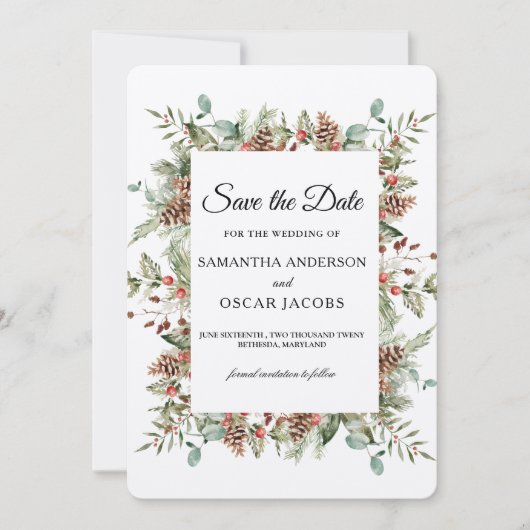 Save The Date Cadre de cône de pin Kraft vert d'hiver (Devant)