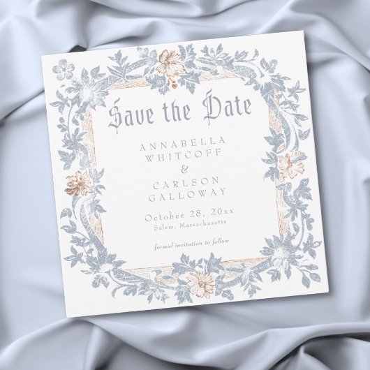 Save The Date Cadre de fantasy médiéval bleu or gravure mariage