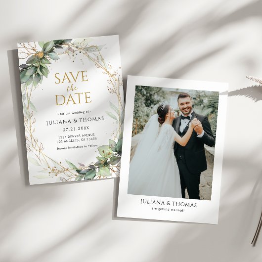 Save The Date Cadre de mariage botanique Eucalyptus Verdure Or