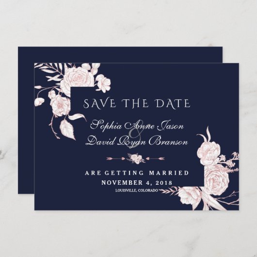 Save The Date Cadre de mariage Fleurs Blanches Or Rose (Devant / Derrière)