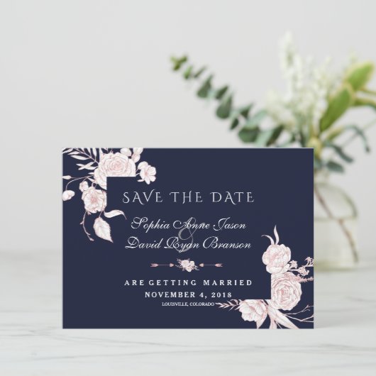 Save The Date Cadre de mariage Fleurs Blanches Or Rose (Debout devant)