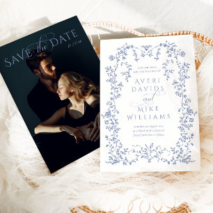 Save The Date Cadre de mariage Fleurs Bleu Poussiéreux Élégance 