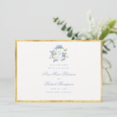 Save The Date Cadre de mariage Hydrangeas Crest bleu ivoire or (Debout devant)