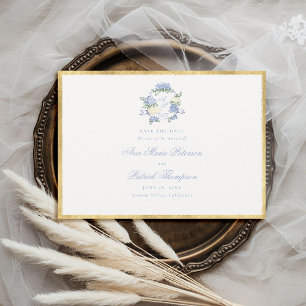 Save The Date Cadre de mariage Hydrangeas Crest Bleu Ivoire Or