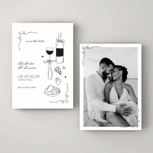 Save The Date Cadre de mariage vin pizza dessinés avec fantaisie
