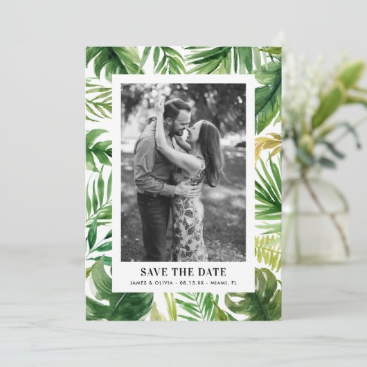 Save The Date Cadre de photo de feuilles tropicales à l'aquarell (Debout devant)