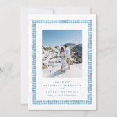 Save The Date Cadre de tuile destination photo bleu simple grec (Devant)