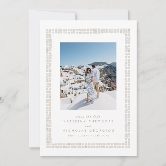 Save The Date Cadre de tuile simple mariage de destination beige (Devant)