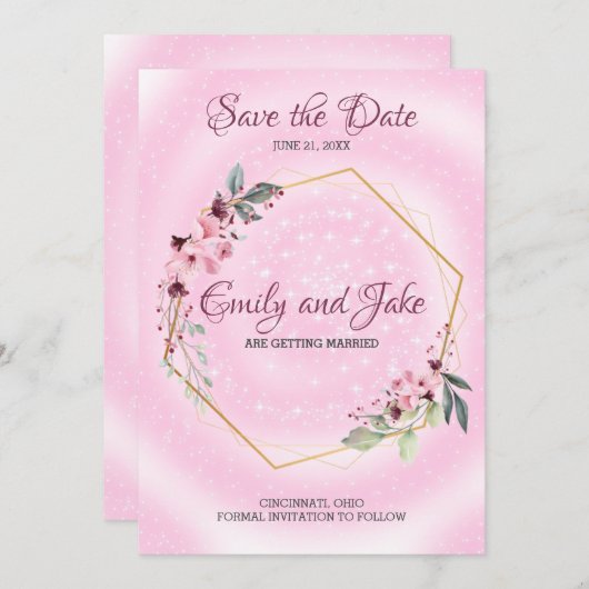 Save The Date Cadre Doré Avec Fleurs Et Feuilles (Devant / Derrière)