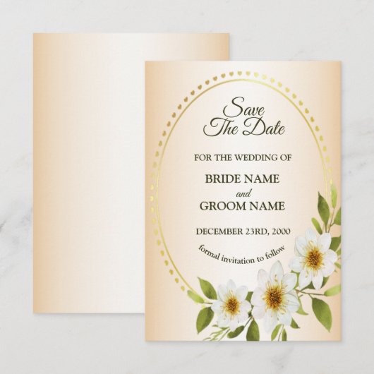 Save The Date Cadre Doré Rustique de Mariage Fleur Blanche Pêche (Devant / Derrière)