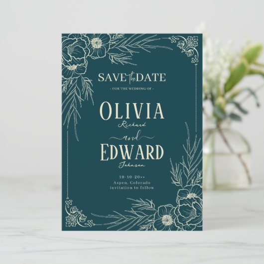 Save The Date Cadre élégant en or Fleurs de mariage (Debout devant)