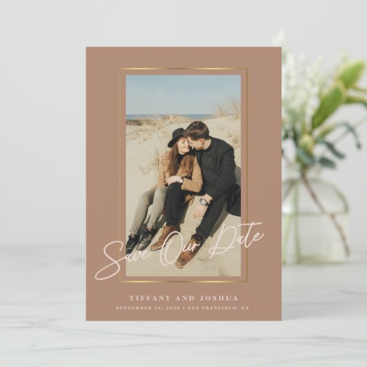 Save The Date Cadre élégant en or photo rose poussiéreux Mariage (Debout devant)