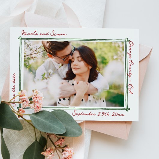 Save The Date Cadre esquissé Mariage photo à main blanche