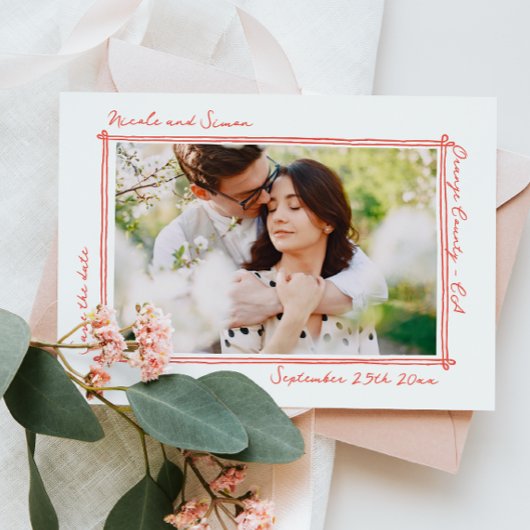 Save The Date Cadre esquissé Mariage photo à main blanche