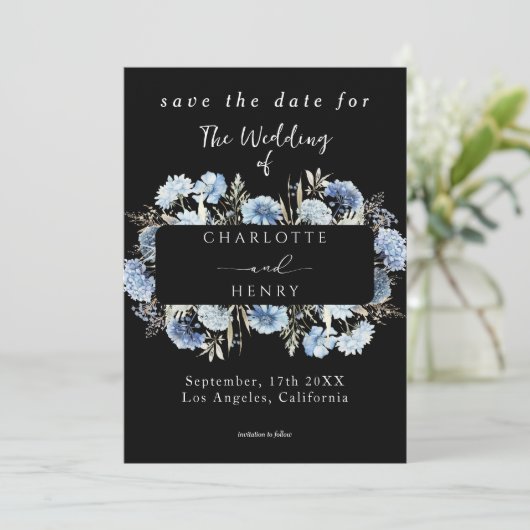 Save The Date Cadre Fleur sauvage Bleu Élégant Mariage noir (Debout devant)