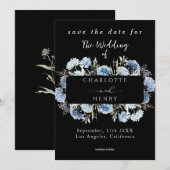 Save The Date Cadre Fleur sauvage Bleu Élégant Mariage noir (Devant / Derrière)