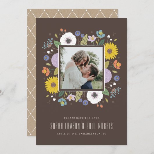 Save The Date Cadre Fleur Trellis Enregistrer la date - Brown (Devant / Derrière)