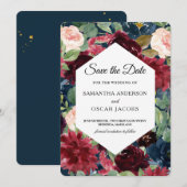 Save The Date Cadre floral à l'aquarelle bleu marine et rouge de (Devant / Derrière)