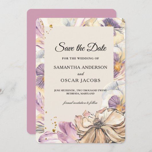 Save The Date Cadre floral aquarelle élégant violet et pensée (Devant / Derrière)