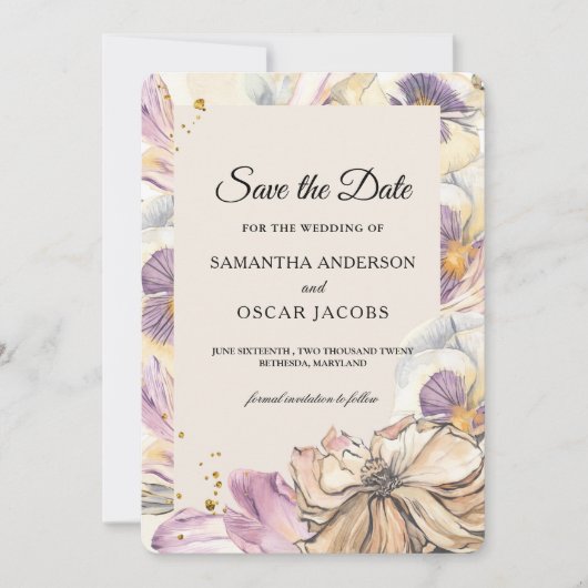 Save The Date Cadre floral aquarelle élégant violet et pensée (Devant)
