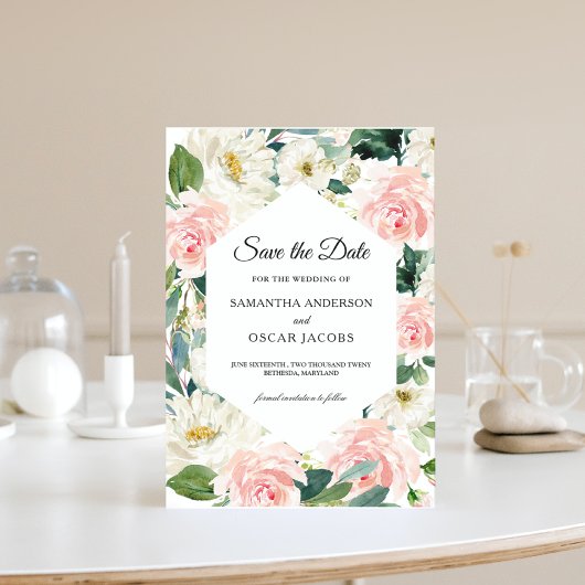 Save The Date Cadre floral aquarelle rose et blanc élégant