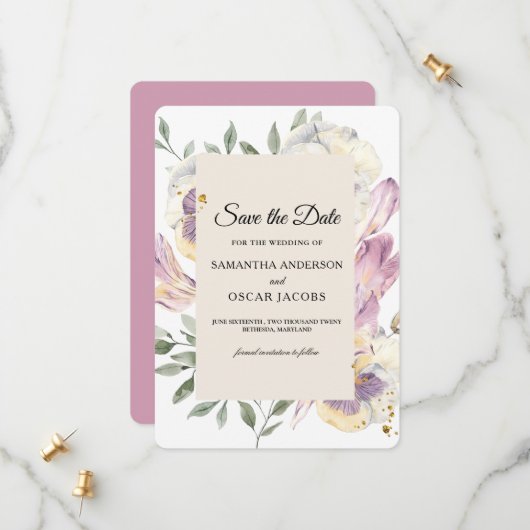 Save The Date Cadre floral aquarelle violet et pensée élégant (Devant/Arrière en situation)