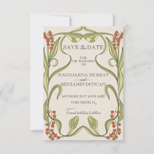 Save The Date Cadre Floral Art Nouveau Orange Green Photo (Devant)