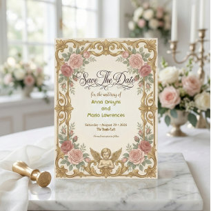 Save The Date Cadre Floral Baroque Orné Faux Or