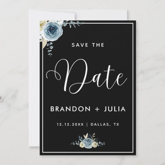 Save The Date Cadre Floral bleu poussiéreux Moderne Elégant noir (Devant)
