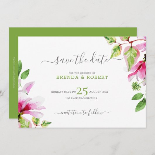 Save The Date Cadre floral de magnolia rose à sauvegarder la dat (Devant / Derrière)