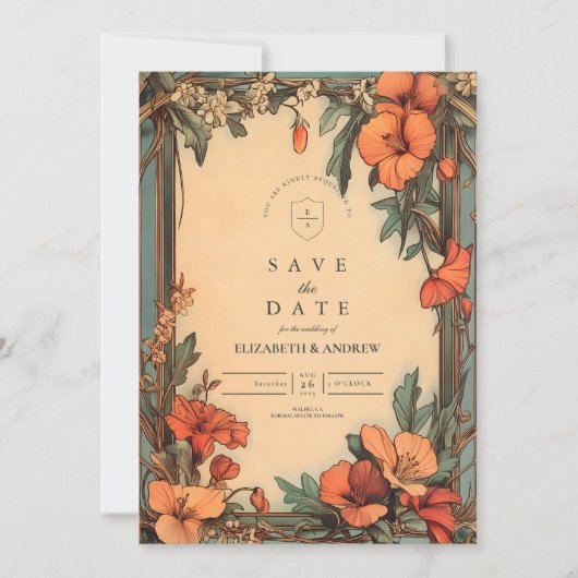 Save The Date Cadre Floral d'été Art Nouveau Mariage (Devant)