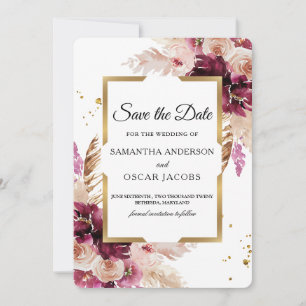Save The Date Cadre Floral et Doré Bourguignon Moderne Rose Pâle