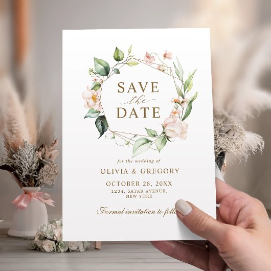 Save The Date Cadre géométrique doré à fleurs rose tendre