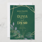Save The Date Cadre géométrique feuilles vert et or (Devant)