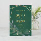 Save The Date Cadre géométrique feuilles vert et or (Debout devant)