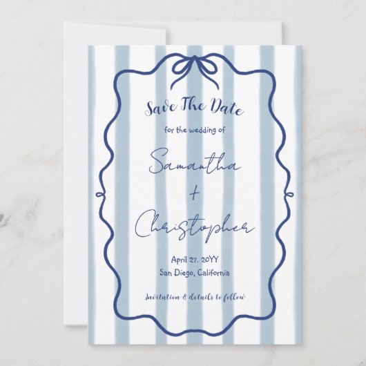 Save The Date Cadre ondulé à ruban bleu Mariage fantaisiste (Devant)