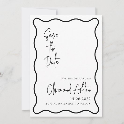 Save The Date cadre ondulé, bordure ondulée, moderne, noir et bl (Devant)