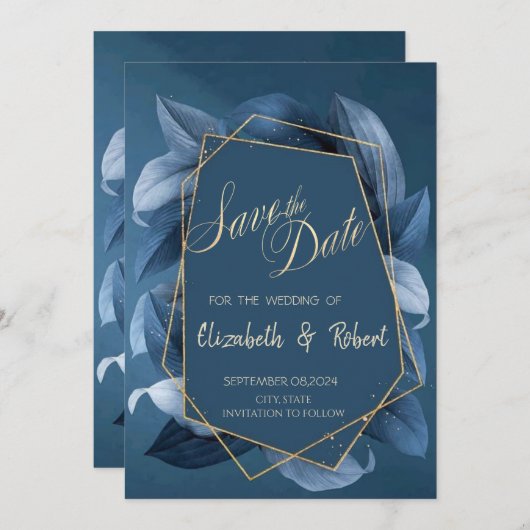 Save The Date Cadre Or Feuille Bleu Enregistrer La Date (Devant / Derrière)