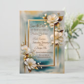 Save The Date Cadre or turquoise arrière - plan fleurs blanches  (Debout devant)