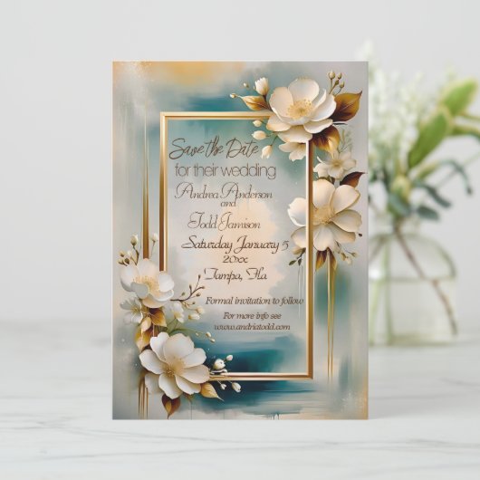 Save The Date Cadre or turquoise arrière - plan fleurs blanches  (Debout devant)