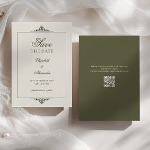 Save The Date Cadre Orné Vert Olive Ancien Argent Code QR Mariag