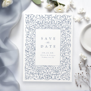 Save The Date Cadre Orné Vintage Bleu Poussiéreux Mariage Classi
