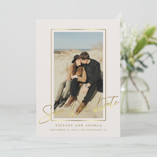 Save The Date Cadre photo de mariage élégant en or (Debout devant)