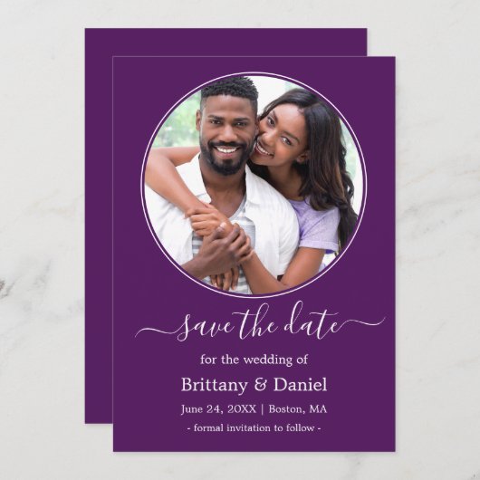 Save The Date Cadre photo ronde moderne et élégant violet (Devant / Derrière)