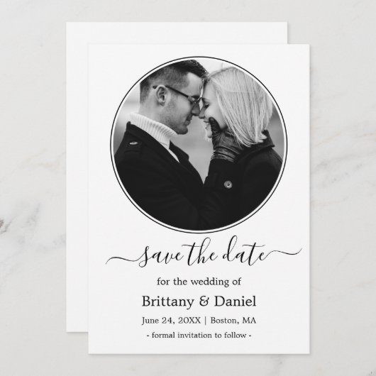 Save The Date Cadre rond moderne photo noir et blanc (Devant / Derrière)