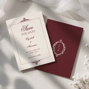 Save The Date Cadre Rouge Bourgogne Crête Vintage Vieux Argent M