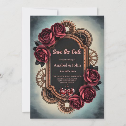 Save The Date Cadre Steampunk avec Roses rouges et Engrenages (Devant)