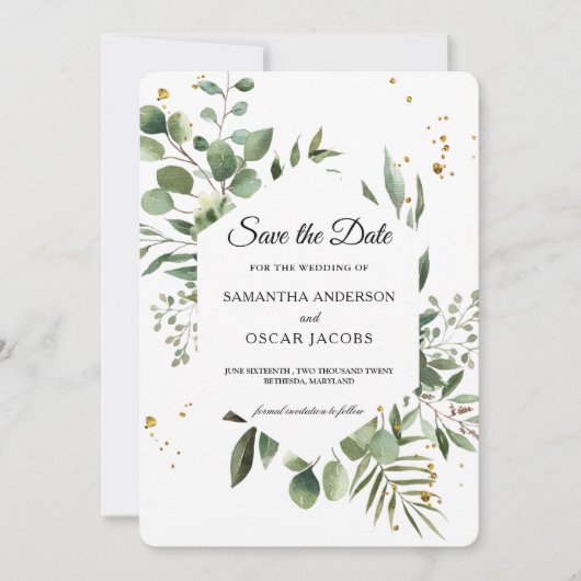 Save The Date Cadre vert eucalyptus à l'aquarelle moderne (Devant)