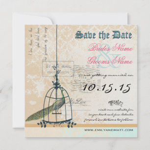 Save The Date Cage à oiseaux de paon de Damas Mariage Enregistre